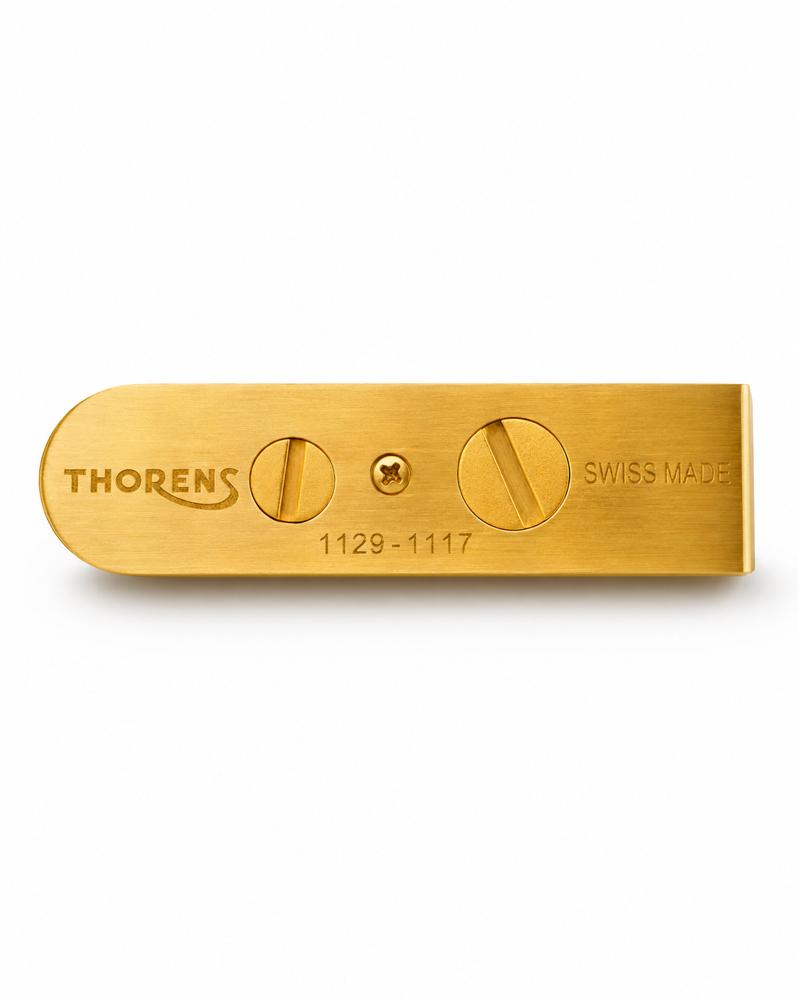 Underside of a Thorens Centurion showing Thorens branding, Swiss Made marking and individual serial number