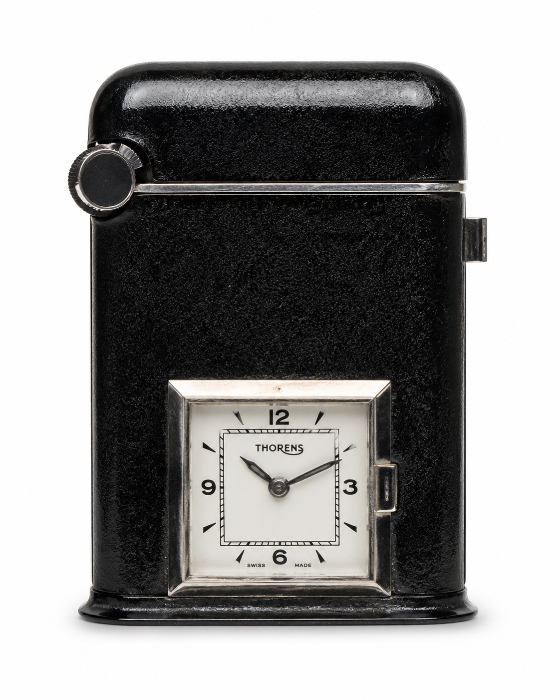 Historic black Thorens lighter incorporating a clock